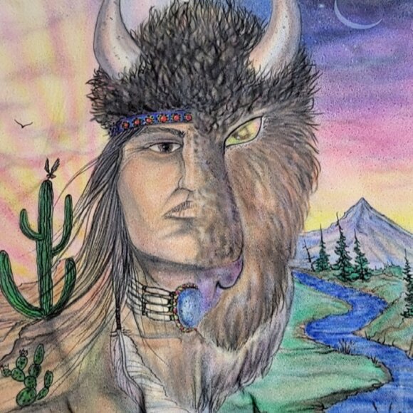 VINTAGE 90s Wek The World Sweatshirt L/XL Beige Native American Bison Graphic - Picture 3 of 12